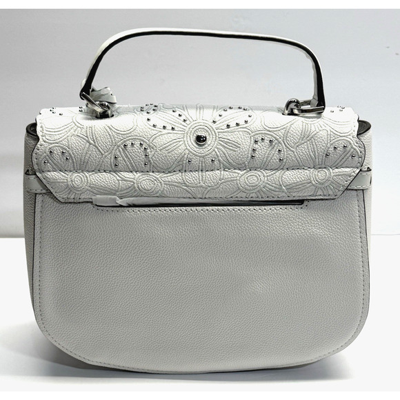Michael Kors Cassie Large Satchel Leather Handbag Optic White Floral Cutout New - Picture 2 of 14